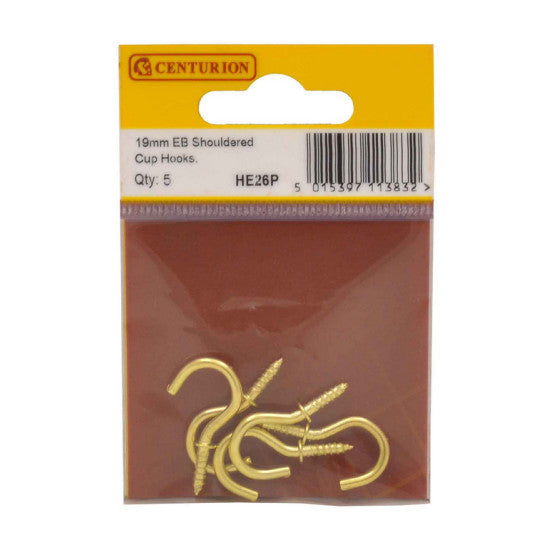 Centurion - Shouldered Cup Hooks, 19mm, Brassed, 5pk