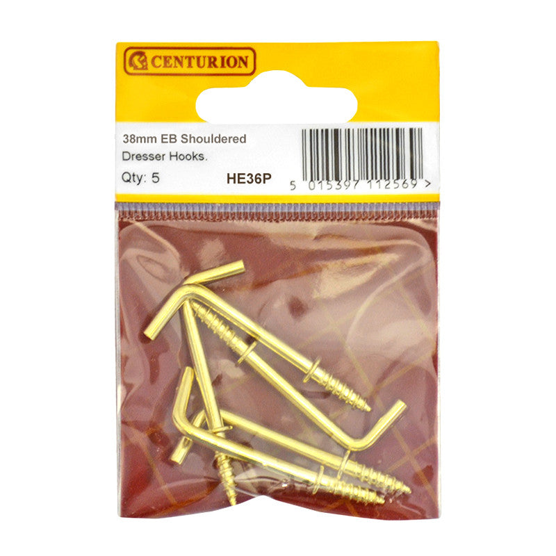 Centurion - Shouldered Dresser Hooks, 38mm, Brassed, 5pk