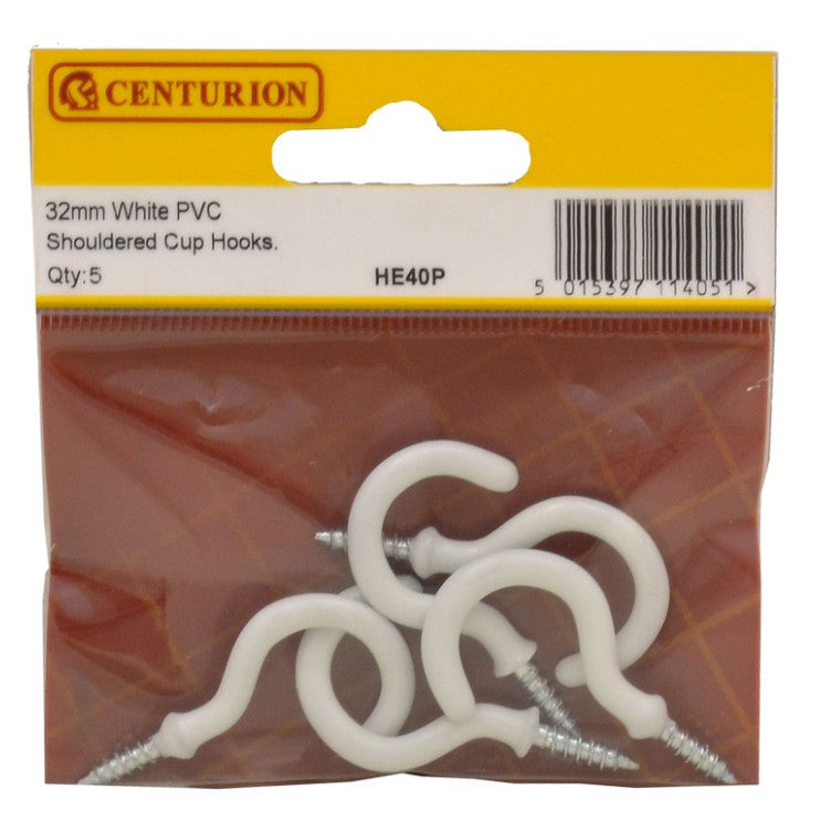 Centurion - Shouldered Cup Hooks, 32mm, White PVC, 5pk