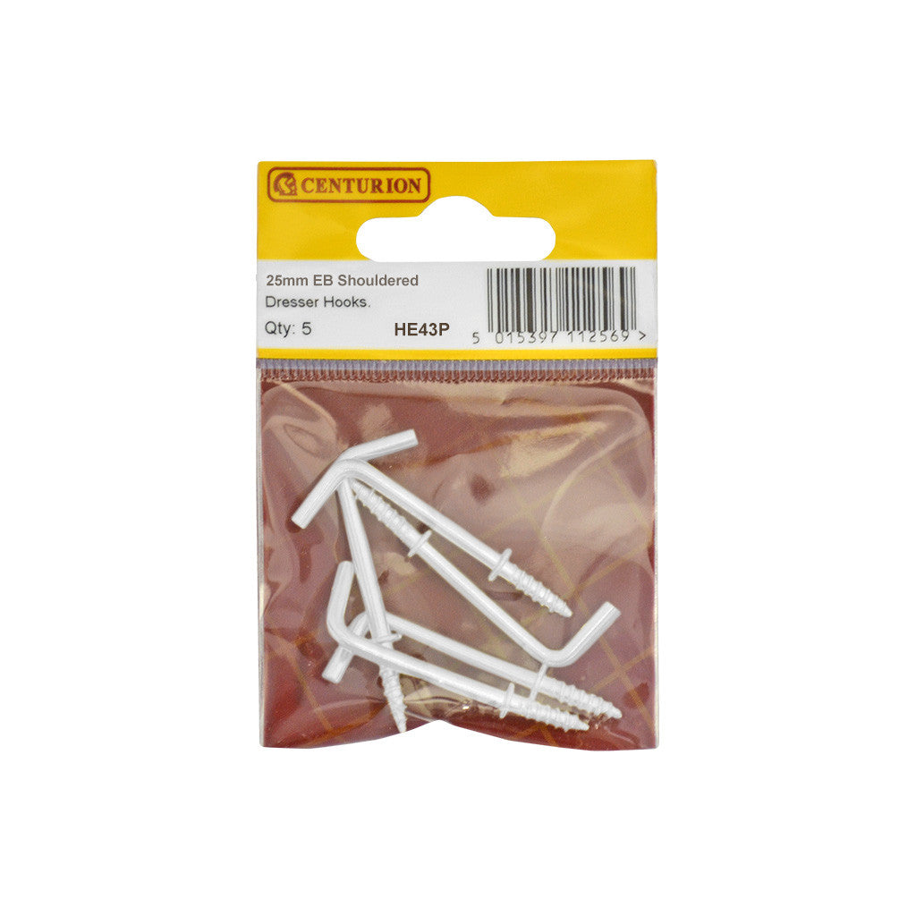 Centurion - Shouldered Dresser Hooks, 25mm, White PVC, 5pk