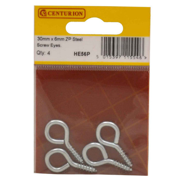 Centurion - Steel Screw Eyes, 30mm x 6mm, Zinc Plated, 4pk