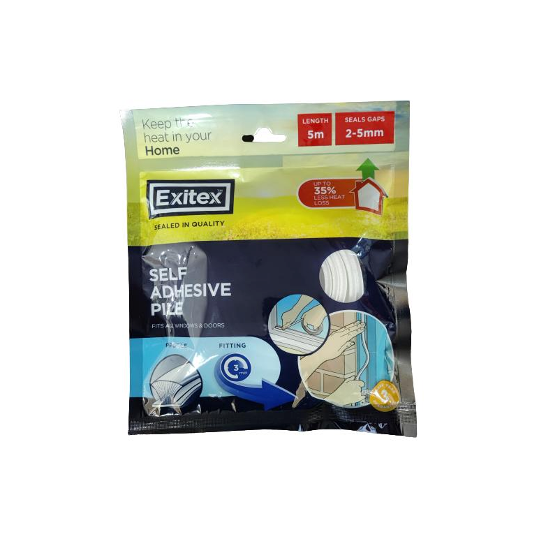 Exitex White Self Adhesive Plie Draught Excluder 5m Length Seals Gap 2-5mm