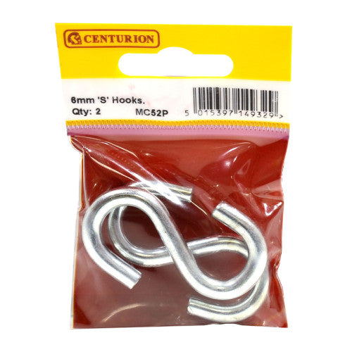 Centurion - 6mm Zinc Plated 'S' Hook - Pack of 2 - MC52P