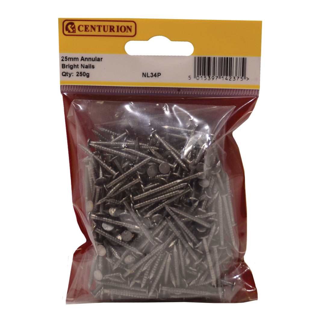 Centurion Annular Ring Nails, 25mm, Bright Zinc Plated, 250g