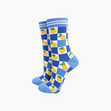 Load image into Gallery viewer, Lemon Checkerboard Bamboo Socks in Blue: UK 3-7 | EU 36-40 | US 5-9
