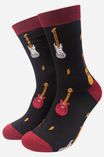 Load image into Gallery viewer, Men's Bamboo Socks- Black/Red, Guitars
