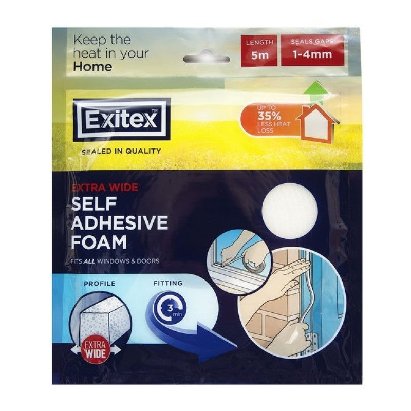 Exitex Self Adhesive Foam for Windows & Doors Length 5m Seals Gaps 1-4mm