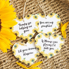 Load image into Gallery viewer, Set of 24 Sunflower Heart Sentiment Signs on Display
