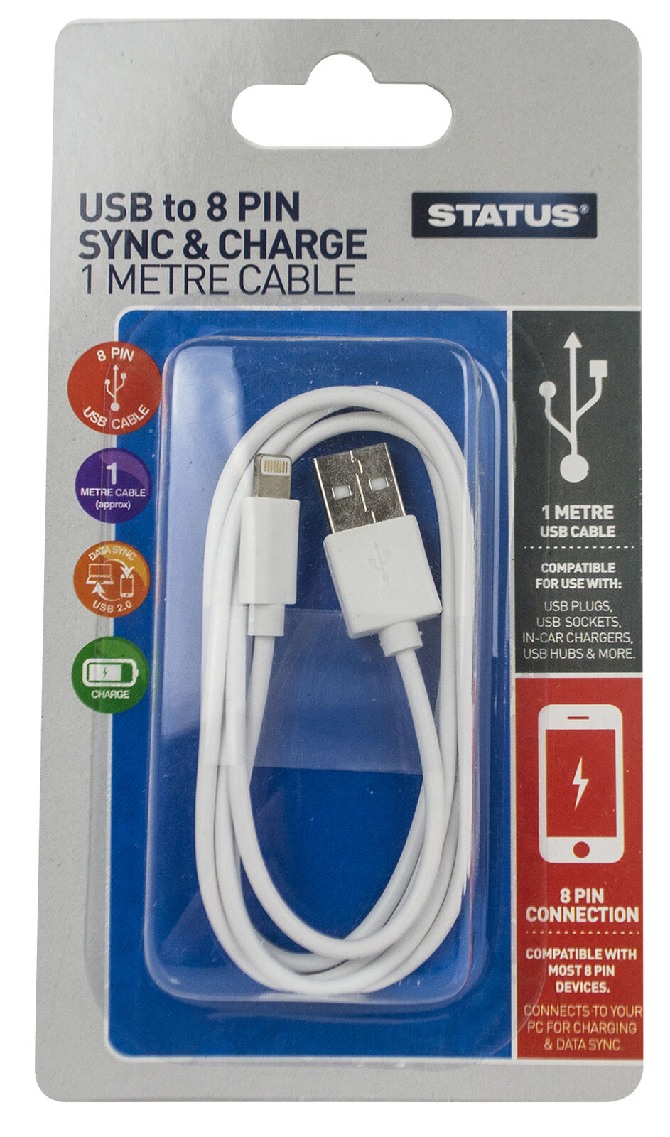 Status USB to 8 Pin Sync & Charge 1 Metre Cable