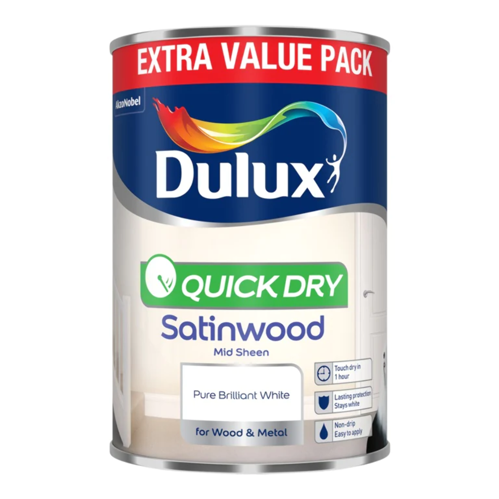 Dulux Quick Dry Satinwood Mid Sheen Pure Brilliant White 1.25l Extra Value Pack