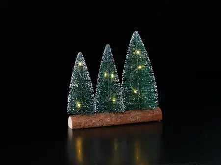 Noma Three Snowy Bristle Trees On A Log 10 Warm White LEDs 22.5cm High - Indoor Use