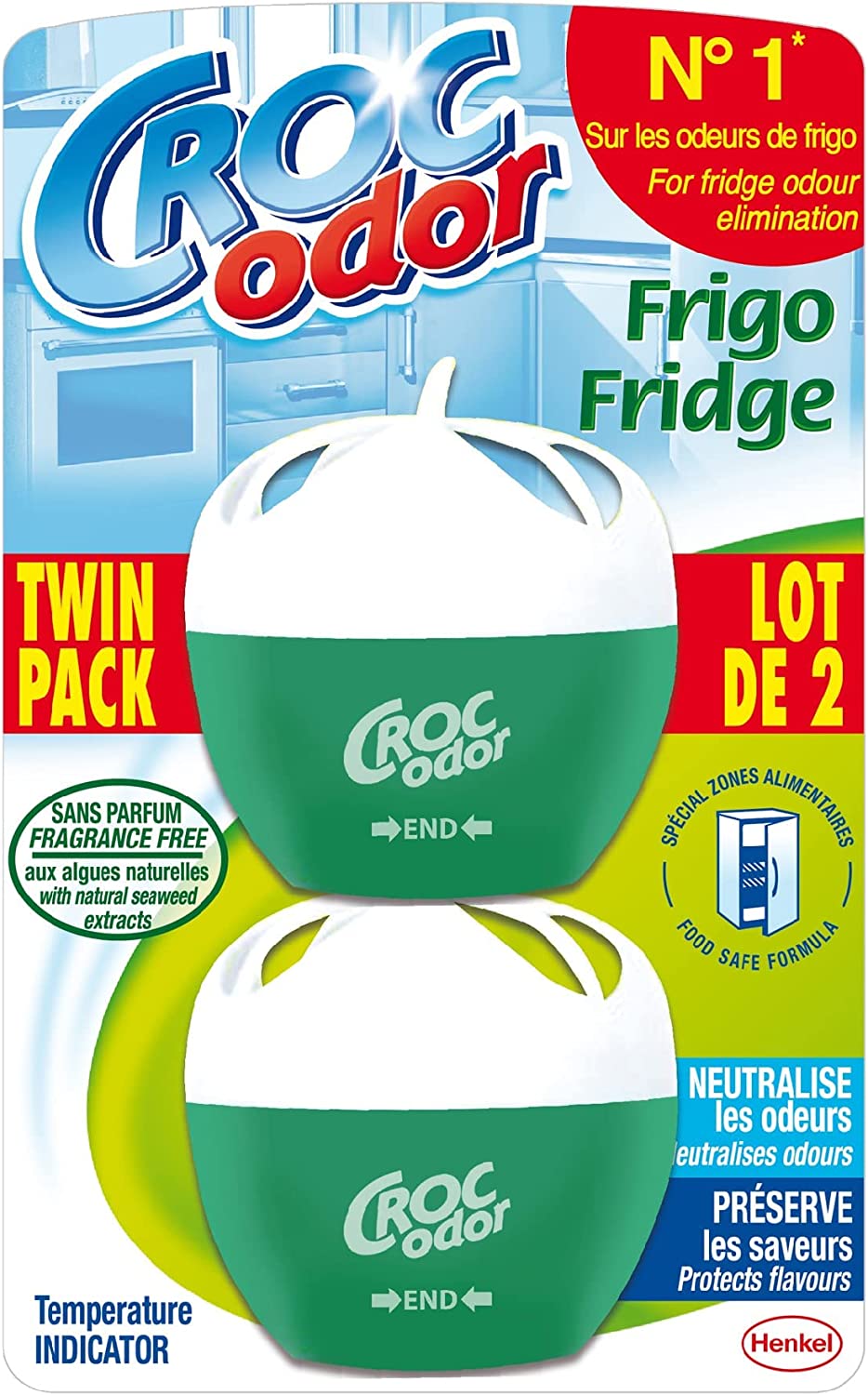 roc Odor Fridge Deodoriser, Twin Pack, Unscented, Food Safe Formula with Temperature Indicator - 2 x 33g