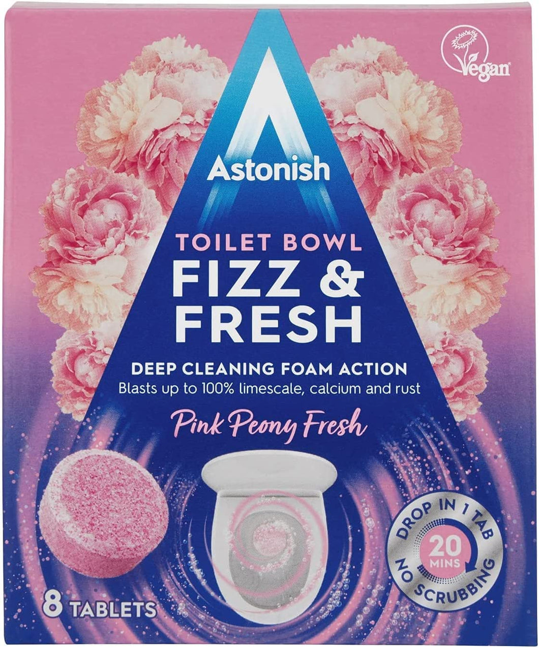 Astonish Toilet Bowl Fizz & Fresh Deep Cleaning Foam Action Tabs ,Pink Peony Fresh Scent, 8 Tablet Pack